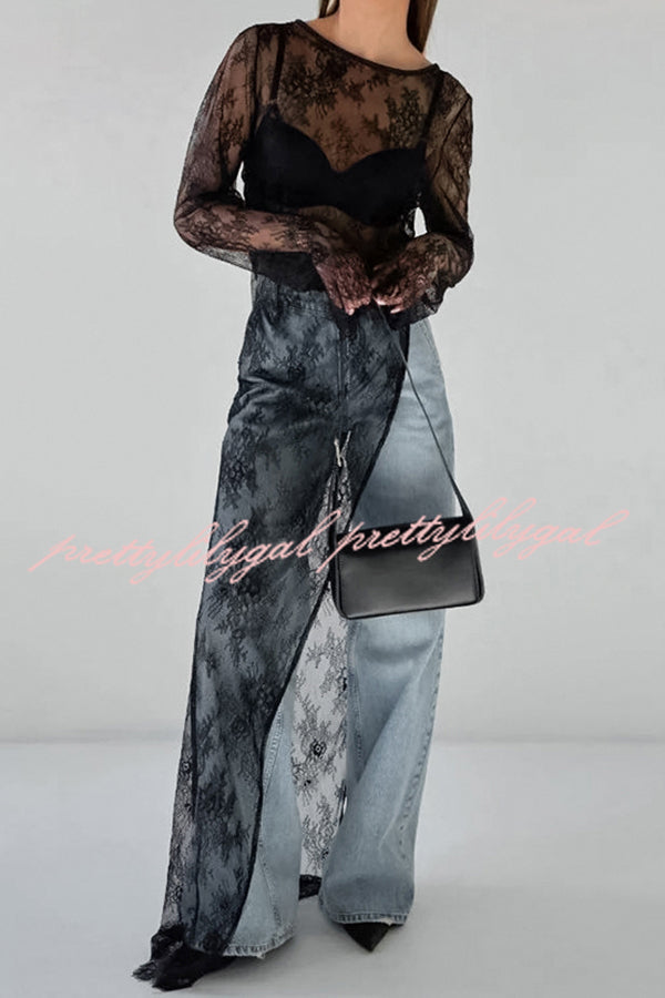Sexy Openwork Lace Long-sleeved Asymmetrical Casual Top