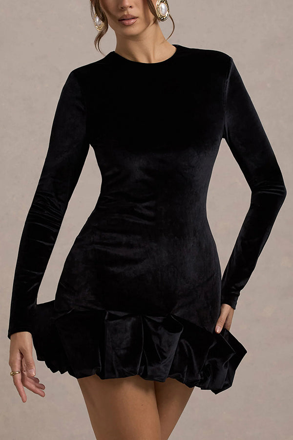 Solid Color Velvet Slim-fit Long-sleeved Mini Dress