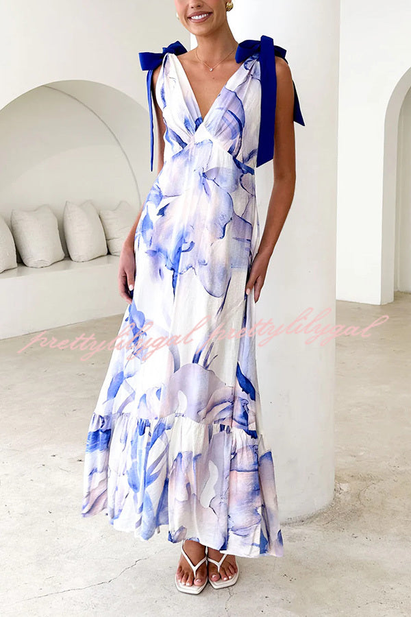 Unique Printed V-neck Sleeveless Lace-up Waist Maxi Dress