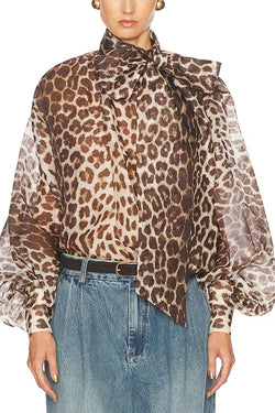 Arianne Chiffon Leopard Print Bow Neck Long Balloon Sleeve Loose Blouse
