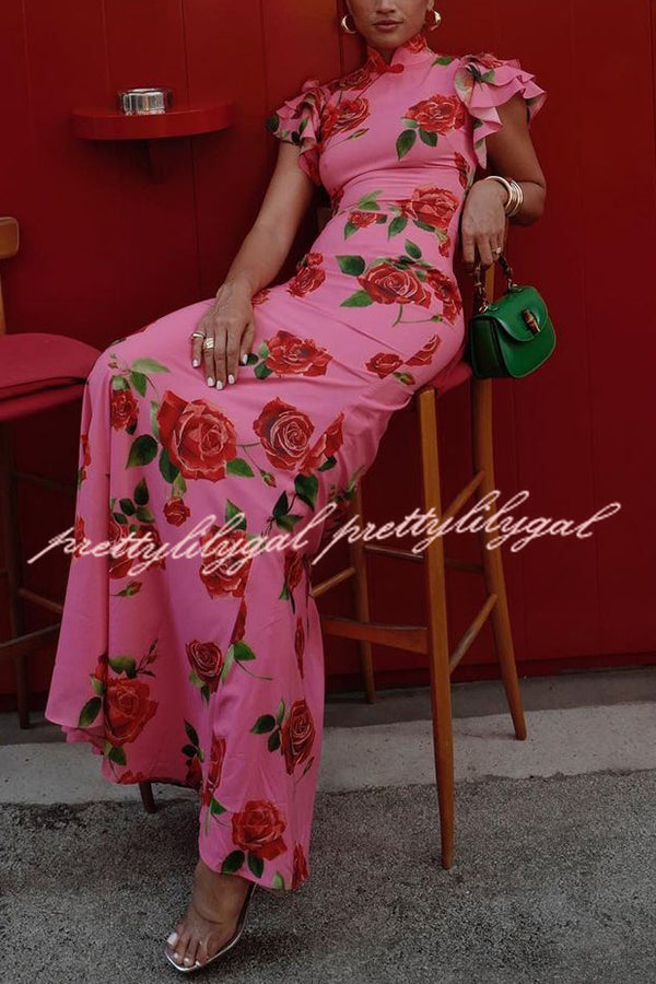 Cheongsam Style Rose Floral Print Tiered Flare Sleeve Stretch Maxi Dress