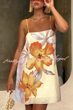 Summer Surprise Linen Blend Floral Print Slip H-line Mini Dress