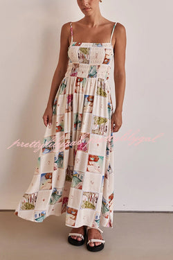 Unique Printed Sling Backless Elastic Pleated Maxi Dress