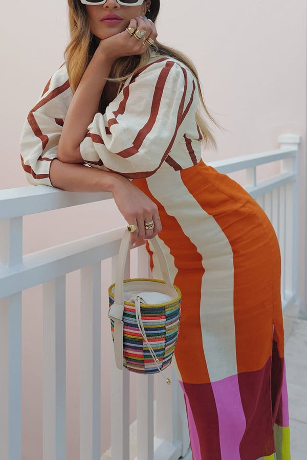 Kaya Linen Blend Color Block Print Front Cutout Knot Puff Sleeve Maxi Dress