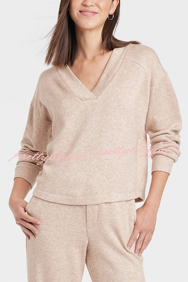 Oatmeal Morning Solid Color V-neck Sweatshirt and Elastic Waist Pocketed Lounge Pants Set