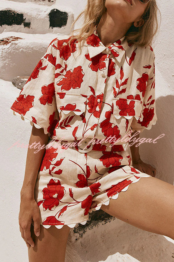 Ellora Linen Blend Floral Wave Trim Short Sleeve Shirt and Belt Pocketed Loose Shorts Set