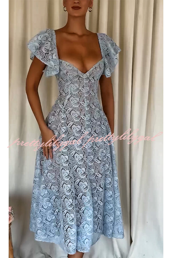 Romantic Atmosphere Bluebell Lace Butterfly Sleeve Sweetheart Neck Stretch Midi Dress