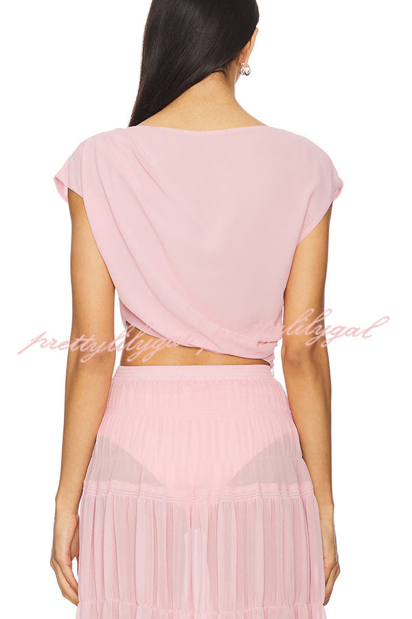 Stunning Chiffon Ruched Shoulder Short Sleeve Crop Top