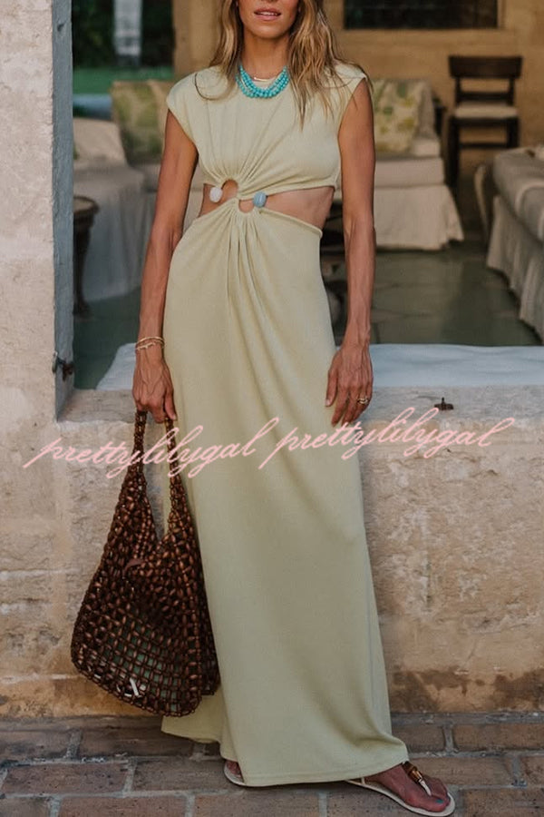 Eye-catching Ribbed Knit S-buckle Hardware Cutout Waist Maxi Dress