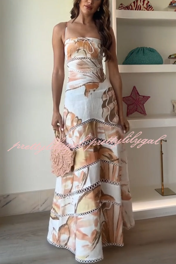 Daje Linen Blend Unique Print Round Hollow Trim Tie-up Bust Slip Maxi Dress