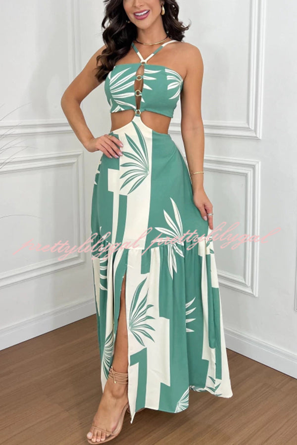 Farrier Printed Front Hollow Ring Design Cutout Slit Maxi Dress