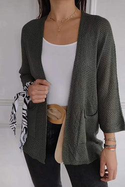 Solid Color Loose Long Sleeve Pocket Knitted Cardigan