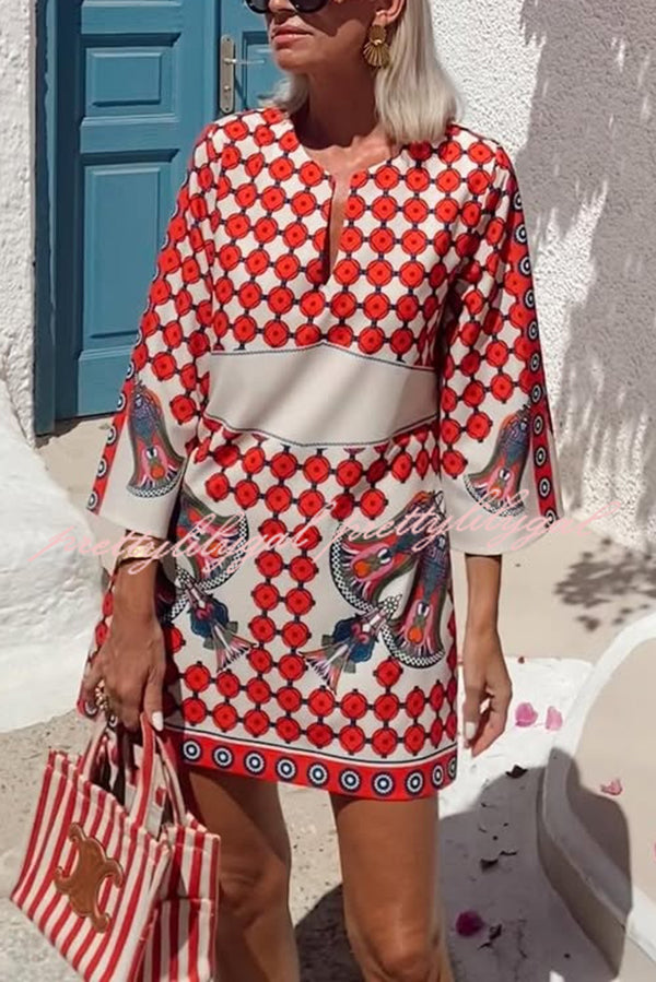Unique Print V-Neck Loose Holiday Mini Dress