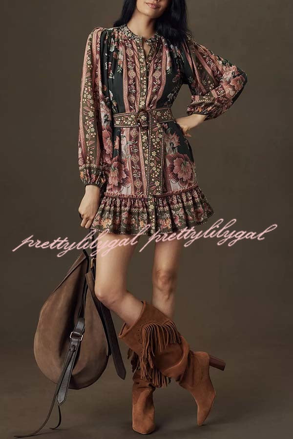 Brazilian Style Unique Floral Print Puff Sleeve Belted Pleated Hem Mini Dress