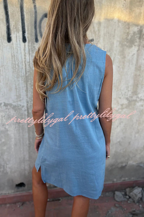 Solid Color Sleeveless V-neck Casual Pocket Mini Dress