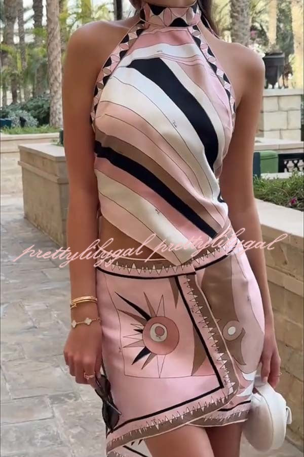 Anzio Satin Unique Print Halter Tie-up Tank and Irregular Hem Mini Skirt Set