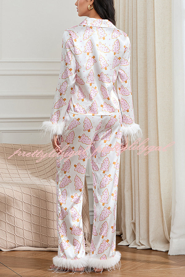 Christmas Print Feather Trim Elastic Waist Pocket Pajama Set