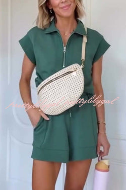 Buttery Touch Half-Zip Short Sleeve Sweatshirt and Elastic Waist Pocket Casual Shorts Set