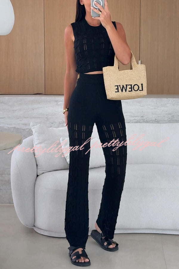 Solid Color Hollow Sleeveless Round Neck Knitted Vest and Stretch Casual Straight Pants Set
