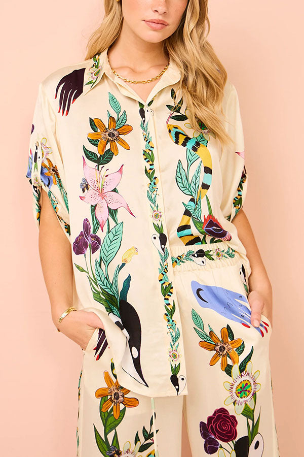 Modern Sophisticated Feel Satin Unique Print Button Down Oversized Blouse