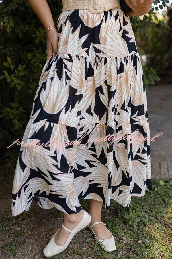 Resort Style Botanical Print Elastic Waist Loose Stitching Midi Skirt