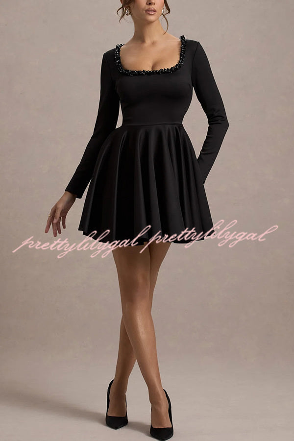 Playful Elegance Pearl Embellished Trim Long Sleeve Pleated Mini Dress