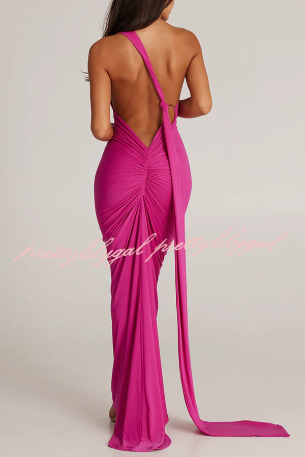 Sexy Backless Pleated Slim Solid Color Sleeveless Elegant Maxi Dress