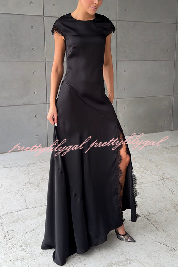 Dreaming Party Satin Lace Trim Short Sleeve Slit Maxi Dress
