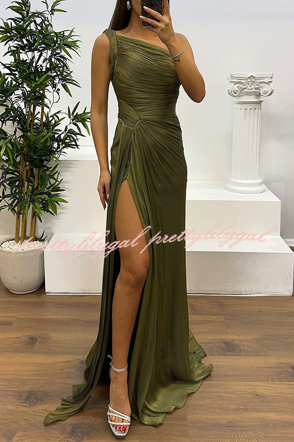 one shoulder pleated maxi dress Fashion One-shoulder Pleated Ribbon Slim Slit Maxi Dress – prettylilygal