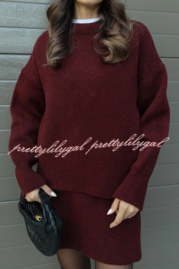 Solid Color Casual Preppy Knit Top and Knit Stretch Mini Skirt Set