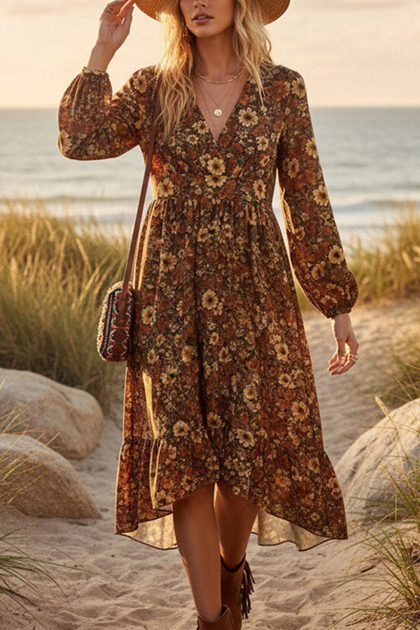 Floral Print V-neck Long-sleeved Casual Ruffle Midi Dress