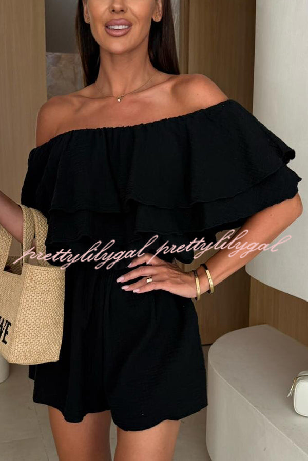 Solid Color Off-shoulder Ruffled Casual Waist Rompers