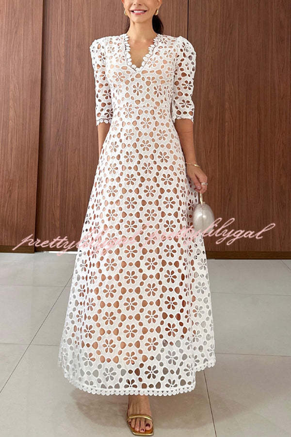 Best Day Ever Crochet Floral Lace Puff Sleeve Lined Maxi Dress