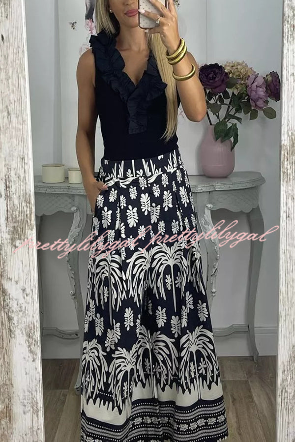 Unique Print Elastic Waist Loose Pocket Holiday Wide Leg Pants