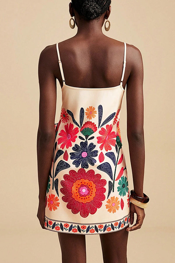 Floral Print V-Neck Suspender Lace-Up Resort Mini Dress
