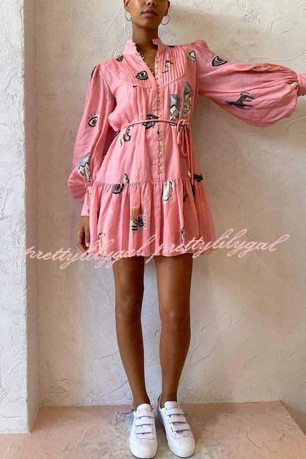 Unique Print Single Breasted Balloon Sleeve Tie Waist Ruffled Mini Dress