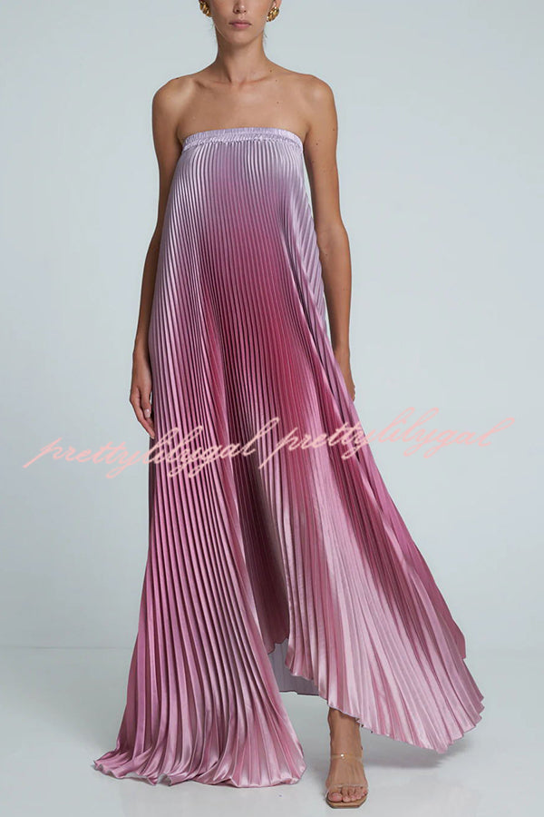 Gorgeous Styling Satin Pleated Elastic Bust Strapless A-line Gown Maxi Dress