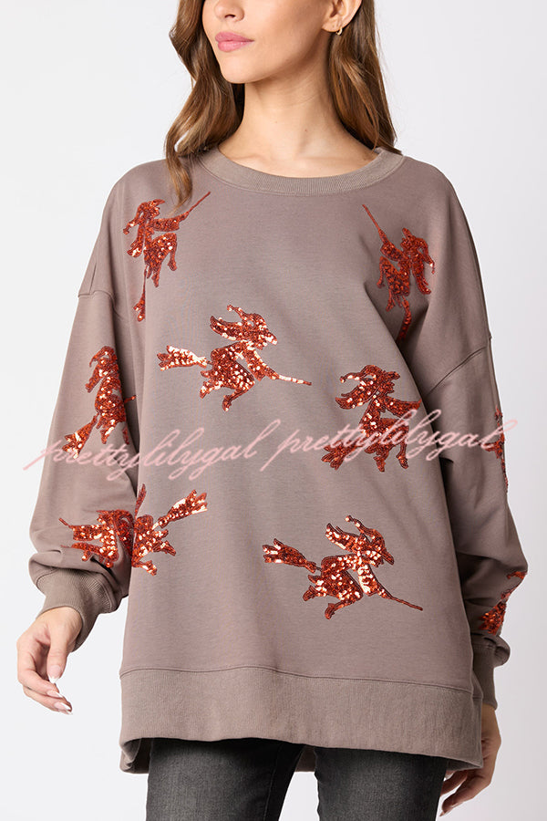 Halloween Witch Sequined Loose Casual Sweatshirt