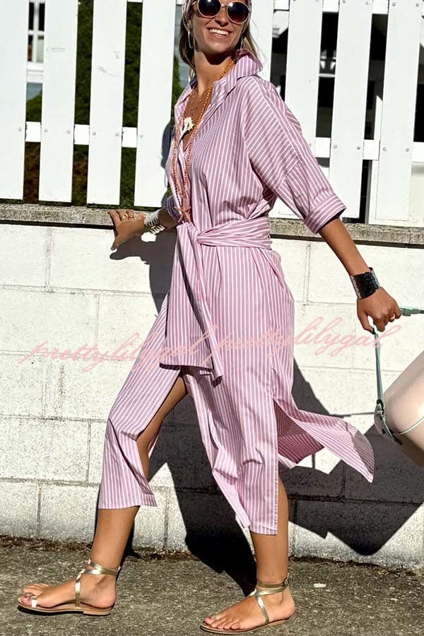 All-match Striped Button Up Half Sleeve Belted Pocket Shirt Midi Dress