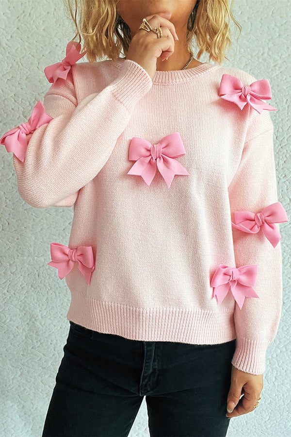 Sweet Bow-knot Casual Round Neck Long-sleeved Knit Sweater