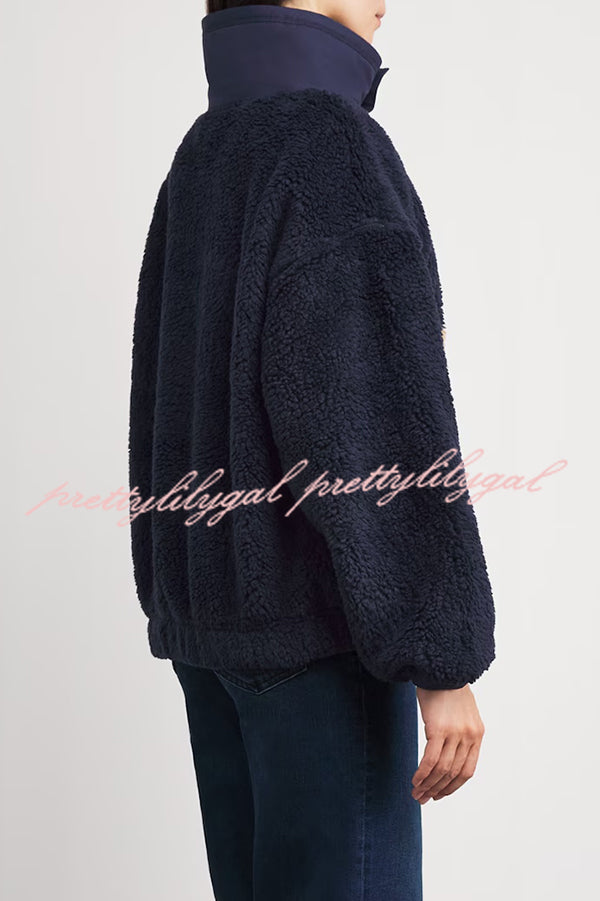 American Retro Polo Bear Pattern Stand Button Neck Long Sleeve Fleece Pullover