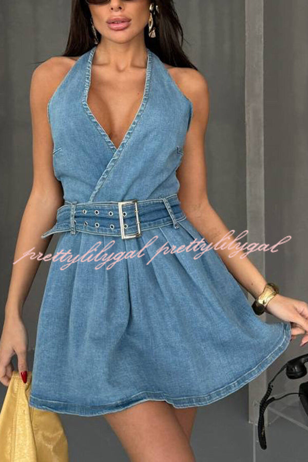 Fashionable Halterneck Open-back Belted Denim Mini Dress