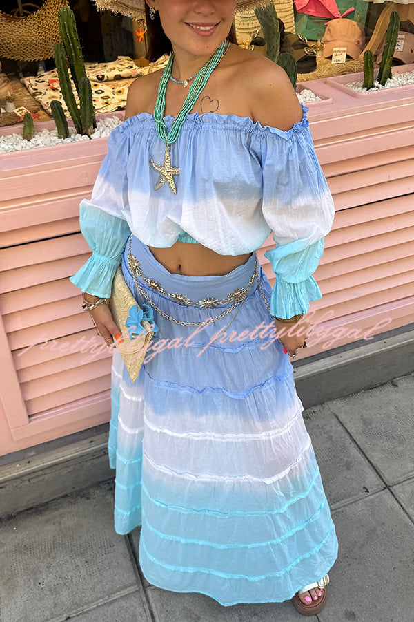 Fashionable Gradient Off Shoulder Long Sleeve Top and Resort Style Spliced Maxi Skirt Set