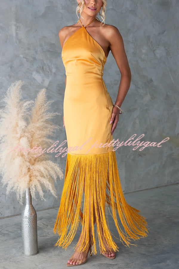 Party Queen Satin Halterneck Backless Fringe Hem Maxi Dress