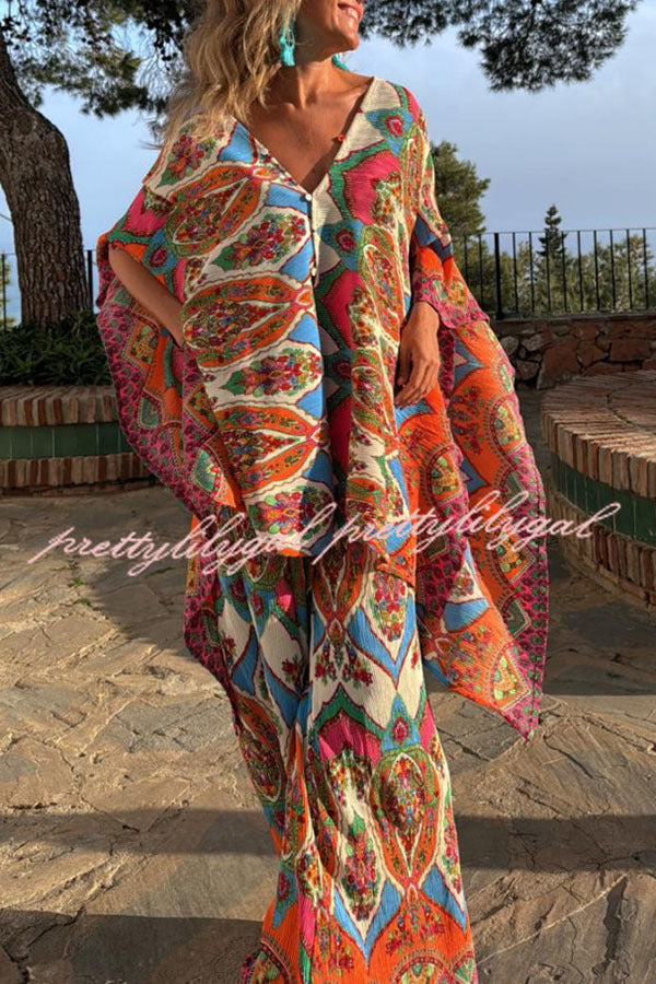 Colorful Day Unique Print Loose Cape and Elastic Waist Pocketed Pants Set