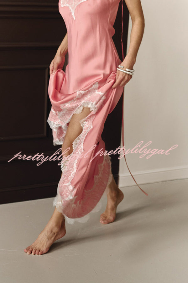 Breezy City Fall SatinLace Petal Trim Slip Tie-up H-line Slit Maxi Dress