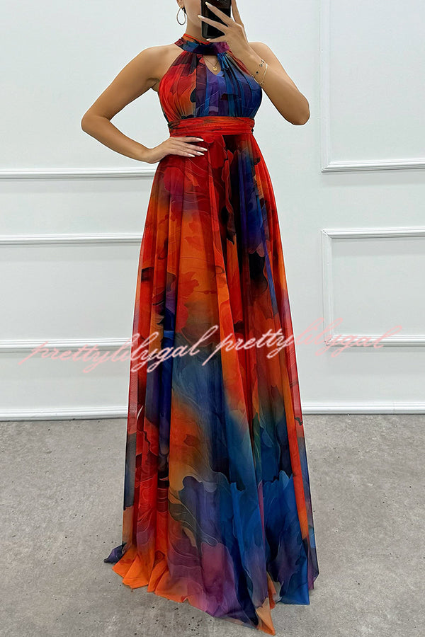 Elaine Tulle Floral Splash Print Cutout Halter Tie-up Neck Gown Maxi Dress