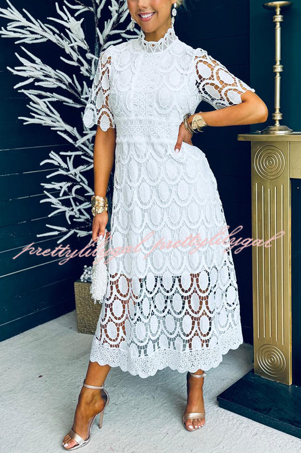 Elegant Crocheted Cutout Lace Short-sleeved Stand-collar Midi Dress