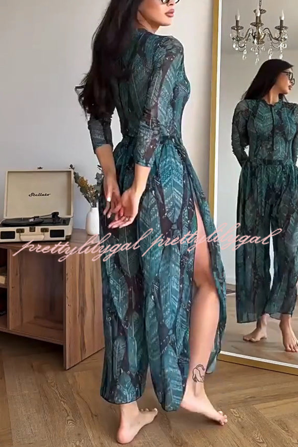 Unique Print One-piece Swimsuit and Cardigan and High Rise Pants Three-piece Set