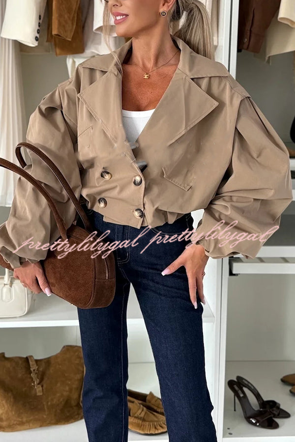 Fashion Style Button Long Balloon Sleeve Pocket Lapel Casual Bomber Jacket